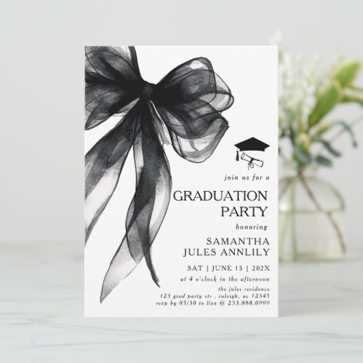 Moderne trendy Black Bow Graduation Party Kaart (Staand voorkant)