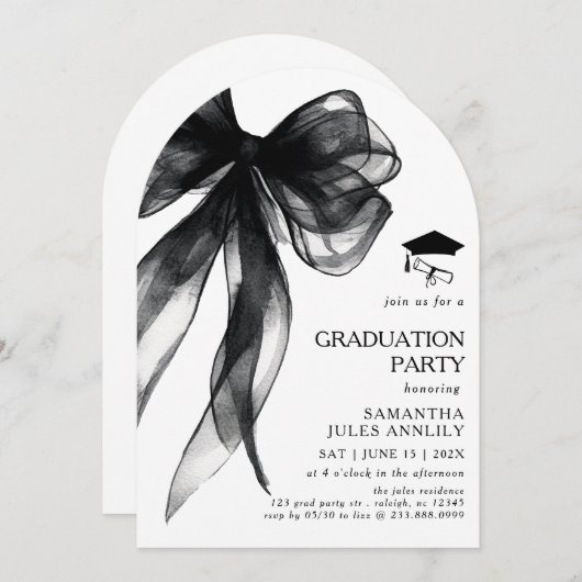 Moderne trendy Black Bow Graduation Party Kaart (Voorkant / Achterkant)