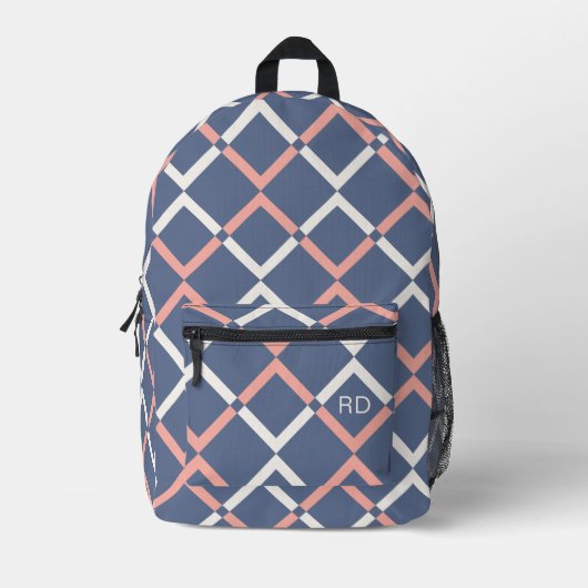 Moderne Trendy Blauw en Roze Monogram Initialen Bedrukte Rugzak (Voorkant)