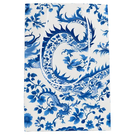 Moderne trendy Blauw en Wit chinoiserie draak Medium Cadeauzakje (Voorkant)