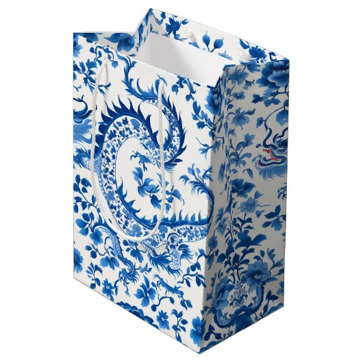 Moderne trendy Blauw en Wit chinoiserie draak Medium Cadeauzakje (Achterkant Gekanteld)