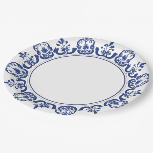 Moderne trendy blauw en wit porselein chinoiserie papieren bordje (Gekanteld)