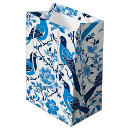 Moderne trendy Blauw Witte chinoiserie bloemenvoge Medium Cadeauzakje