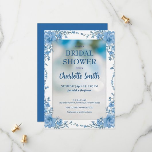 Moderne trendy blauwe chinoiserie bruidsdouche save the date (Voorkant / Achterkant in situ)