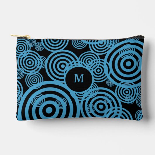 Moderne, trendy blauwe cirkels op zwart monogram etui (Voorkant)