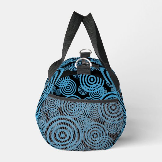 Moderne, trendy blauwe cirkels op zwart monogram plunjezak (Rechts)