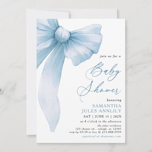 Moderne trendy Blue Bow Baby shower Kaart (Voorkant)