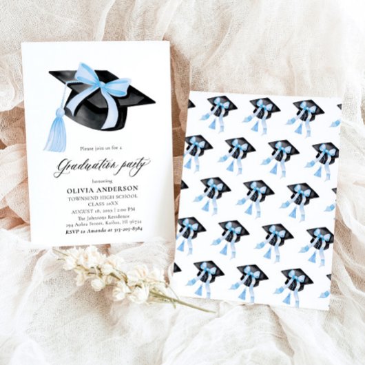 Moderne trendy Blue Bow Graduation Cap Afstuderen Kaart