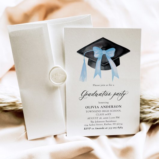 Moderne trendy Blue Bow Graduation Cap Afstuderen Kaart