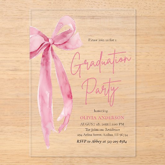 Moderne Trendy Blush Roze Bow Afstudeerfeest Acryl Uitnodigingen (Voorkant)