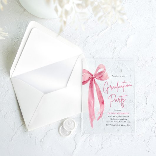 Moderne Trendy Blush Roze Bow Afstudeerfeest Acryl Uitnodigingen
