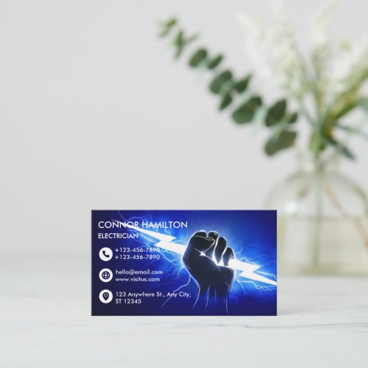 Moderne Trendy Cool Blue Lightning Elektricien Bus Visitekaartje (Staand voorkant)