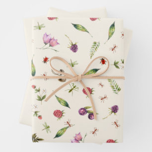 Moderne Trendy Cream Woodland Wildflower Insecten Inpakpapier Vel