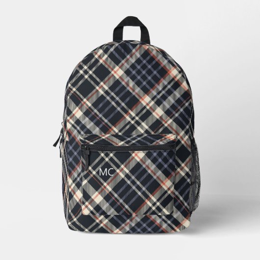 Moderne Trendy Dark Check Plaid Monogram Initialen Bedrukte Rugzak (Voorkant)