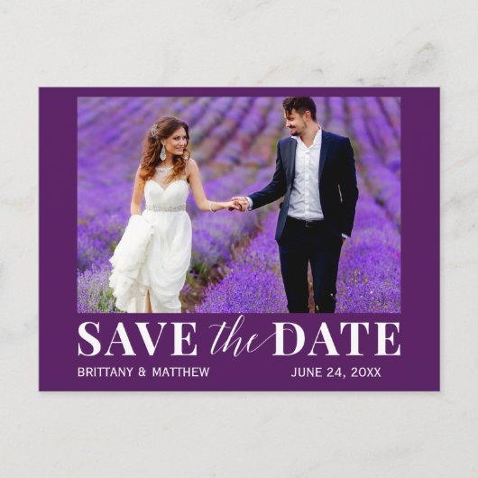 Moderne trendy foto Paarse save the date Briefkaart (Voorkant)