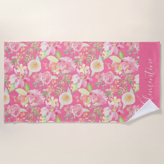 Moderne trendy geel roze bloemige Waterverf Strandlaken (Voorkant)