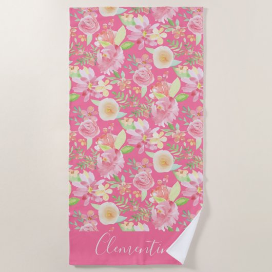 Moderne trendy geel roze bloemige Waterverf Strandlaken (Voorkant)