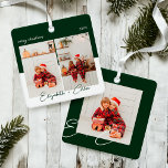 Moderne trendy groen & wit naam monogram 3 foto metalen ornament<br><div class="desc">Vreugde toevoegen aan uw boom met dit trendy minimal & modern groen en wit metalen ornament. Ons ontwerp heeft een rood-wit kleurenstreepontwerp met twee fotolay-outs aan de voorkant en een enkele foto aan de achterkant om uw speciale foto's weer te geven. Personaliseer met jouw tekst, jaar, naam en tweelettermonogram op...</div>