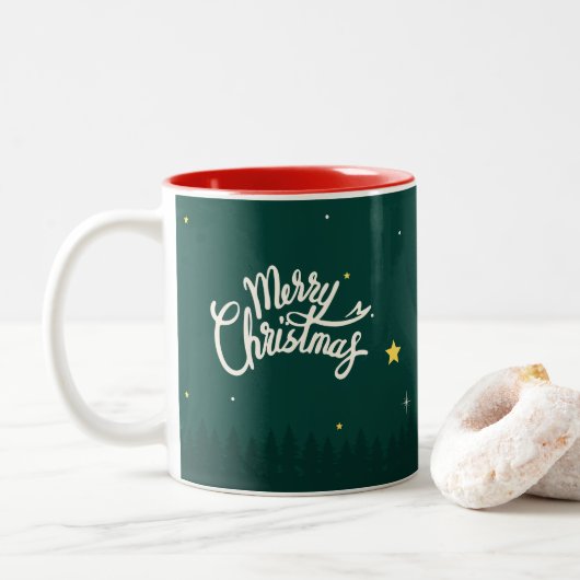 Moderne Trendy Groene Bomen Vrolijke Kerst Mok (Met donut)