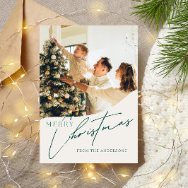 Moderne trendy groene vrolijke kerst familie foto feestdagenkaart