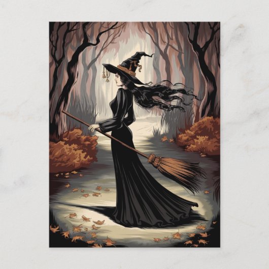Moderne trendy Halloween heks in bos Briefkaart (Voorkant)