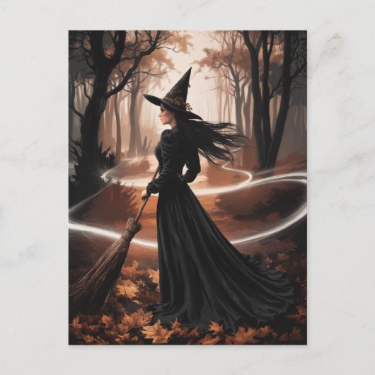 Moderne trendy Halloween-heks in bos Briefkaart (Voorkant)
