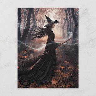 Moderne trendy Halloween-heks in bos Briefkaart