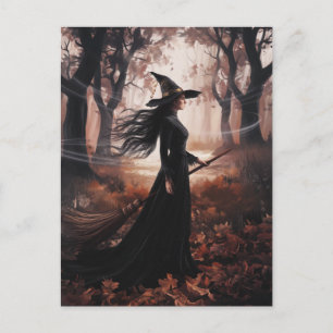 Moderne trendy Halloween-heks in bos Briefkaart