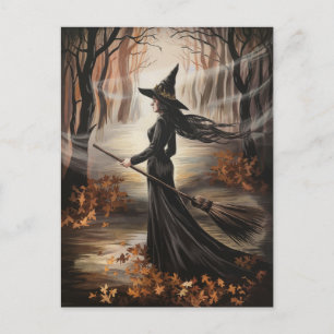 Moderne trendy Halloween-heks in bos Briefkaart