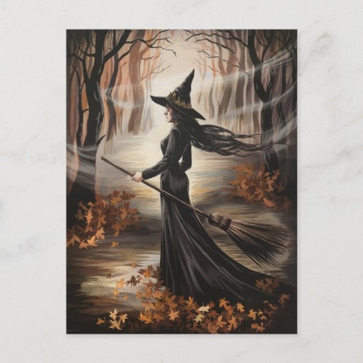 Moderne trendy Halloween-heks in bos Briefkaart (Voorkant)