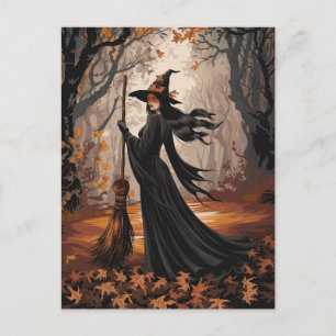 Moderne trendy Halloween-heks in bos Briefkaart