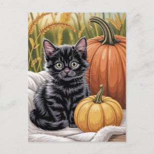 Moderne trendy Halloween pompoenen en zwarte kat Briefkaart