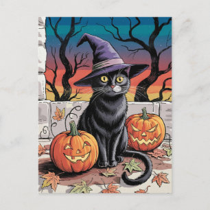 Moderne trendy Halloween pompoenen en zwarte kat Briefkaart