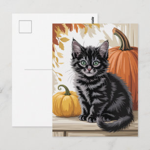 Moderne trendy Halloween pompoenen en zwarte kat  Briefkaart