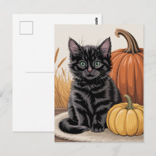 Moderne trendy Halloween pompoenen en zwarte kat  Briefkaart