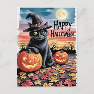 Moderne trendy Halloween pompoenen en zwarte kat Briefkaart