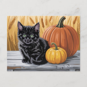 Moderne trendy Halloween pompoenen en zwarte kat  Briefkaart