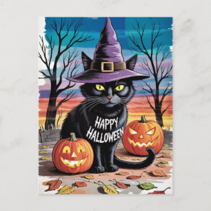 Moderne trendy Halloween pompoenen en zwarte kat Briefkaart