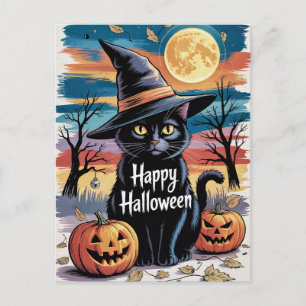 Moderne trendy Halloween pompoenen en zwarte kat Briefkaart