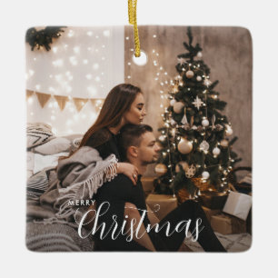 Moderne trendy kerst koppel foto keramisch ornament