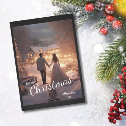 Moderne Trendy Kerst Paar Foto Sneeuw Cottage Feestdagenkaart