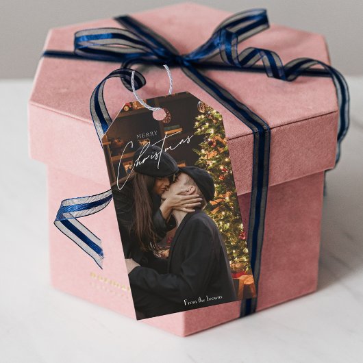 Moderne trendy kerst | Romantisch paar foto Cadeaulabel