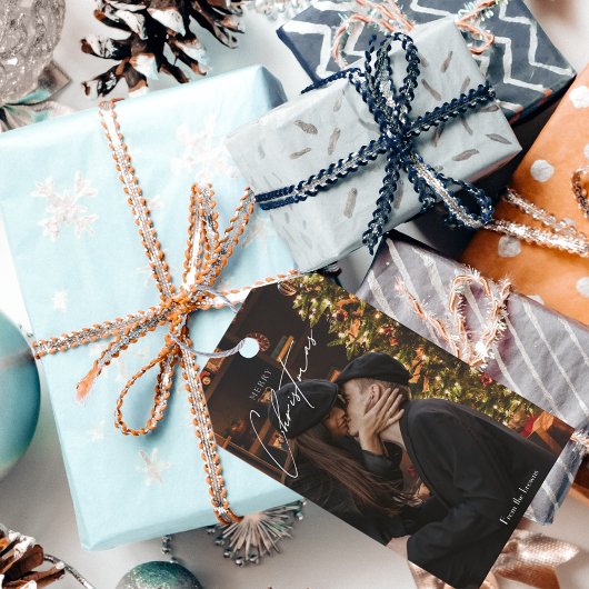 Moderne trendy kerst | Romantisch paar foto Cadeaulabel