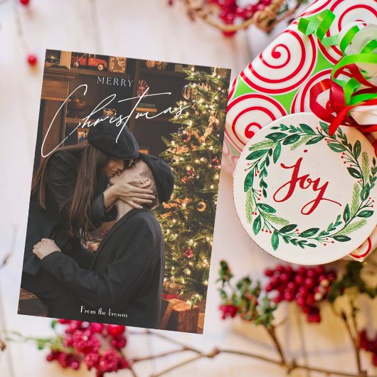 Moderne trendy kerst | Romantisch paar foto Informatiekaartje