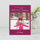 Moderne Trendy Kerstfoto Magenta Feestdagenkaart (Staand voorkant)