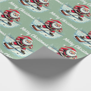 Moderne trendy kerstman die ijshockey speelt cadeaupapier