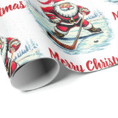 Moderne trendy kerstman die ijshockey speelt cadeaupapier (Rol Hoek)