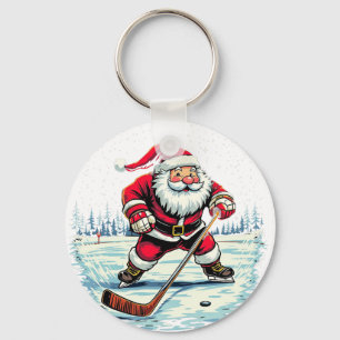 Moderne trendy kerstman die ijshockey speelt sleutelhanger