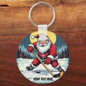 Moderne trendy kerstman spelen ijshockey op maat sleutelhanger (Achterkant)