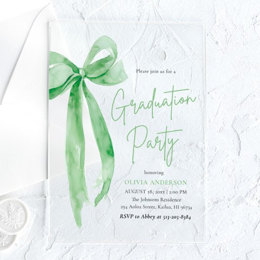 Moderne Trendy Lime Green Bow Graduation Party Acryl Uitnodigingen